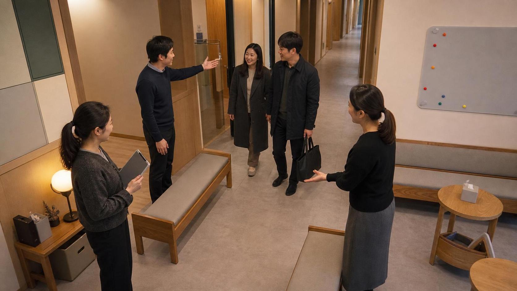2학기 학부모 상담 도착과 회신 흐름을 조율하는 한국 학원 라운지 사진