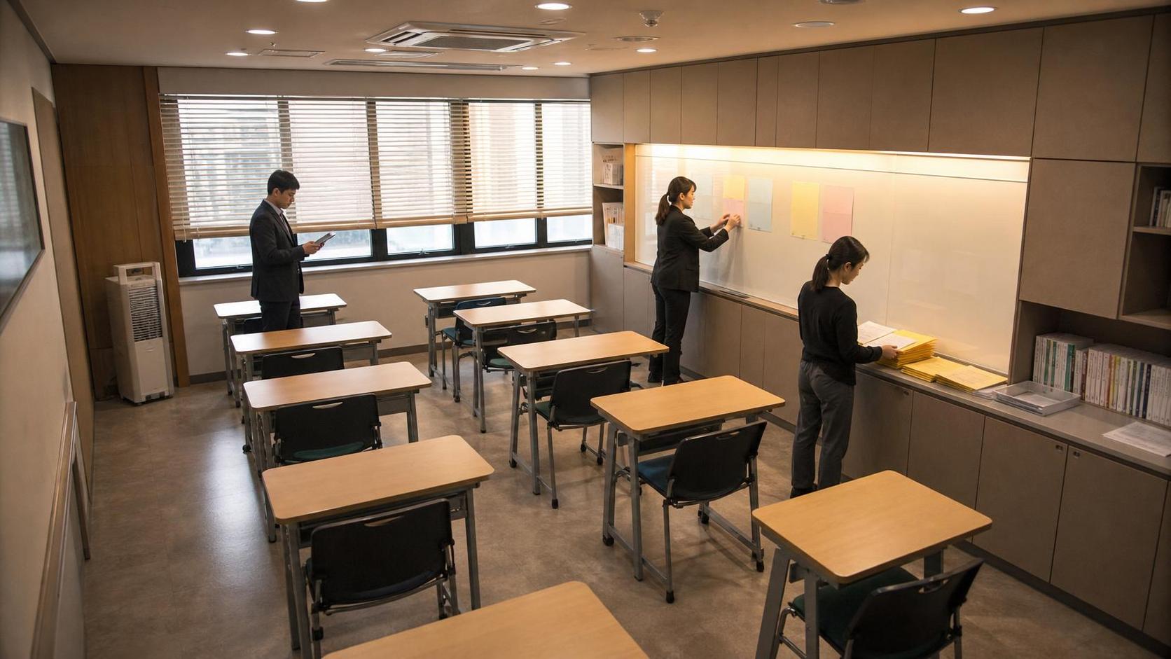 학부모 상담 회신 대기 업무를 마감하는 한국 학원 스터디룸 사진