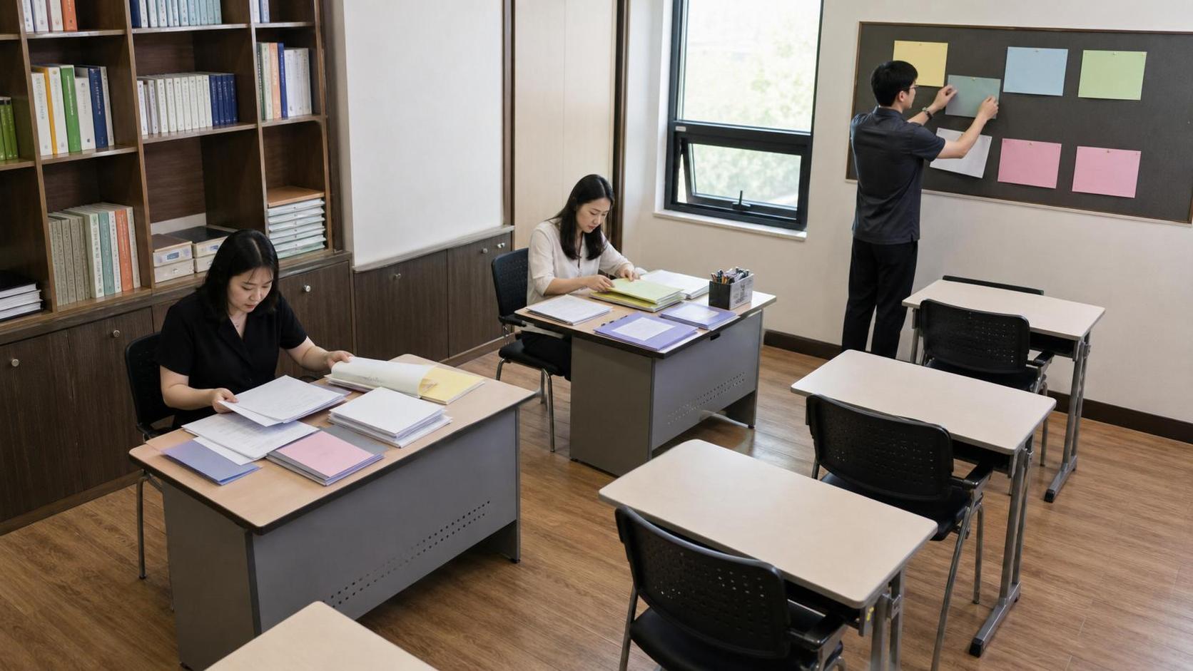학부모 상담 준비 순서를 맞추는 한국 학원 스터디룸 사진