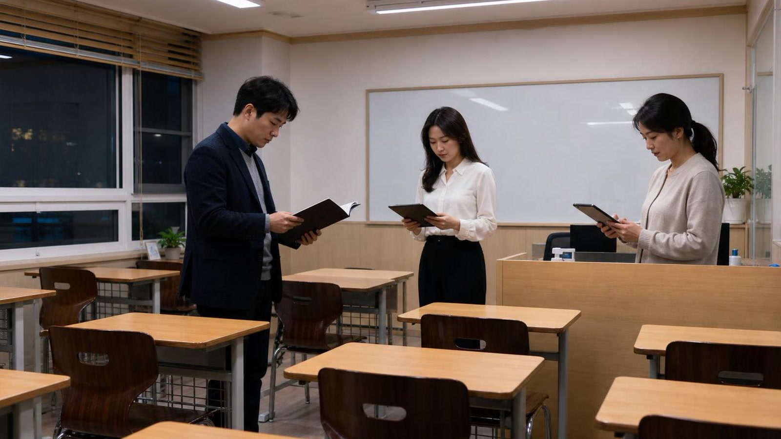 한국 학원 교실 뒤쪽에서 상담 전 확인 사항을 나누는 현실적인 사진