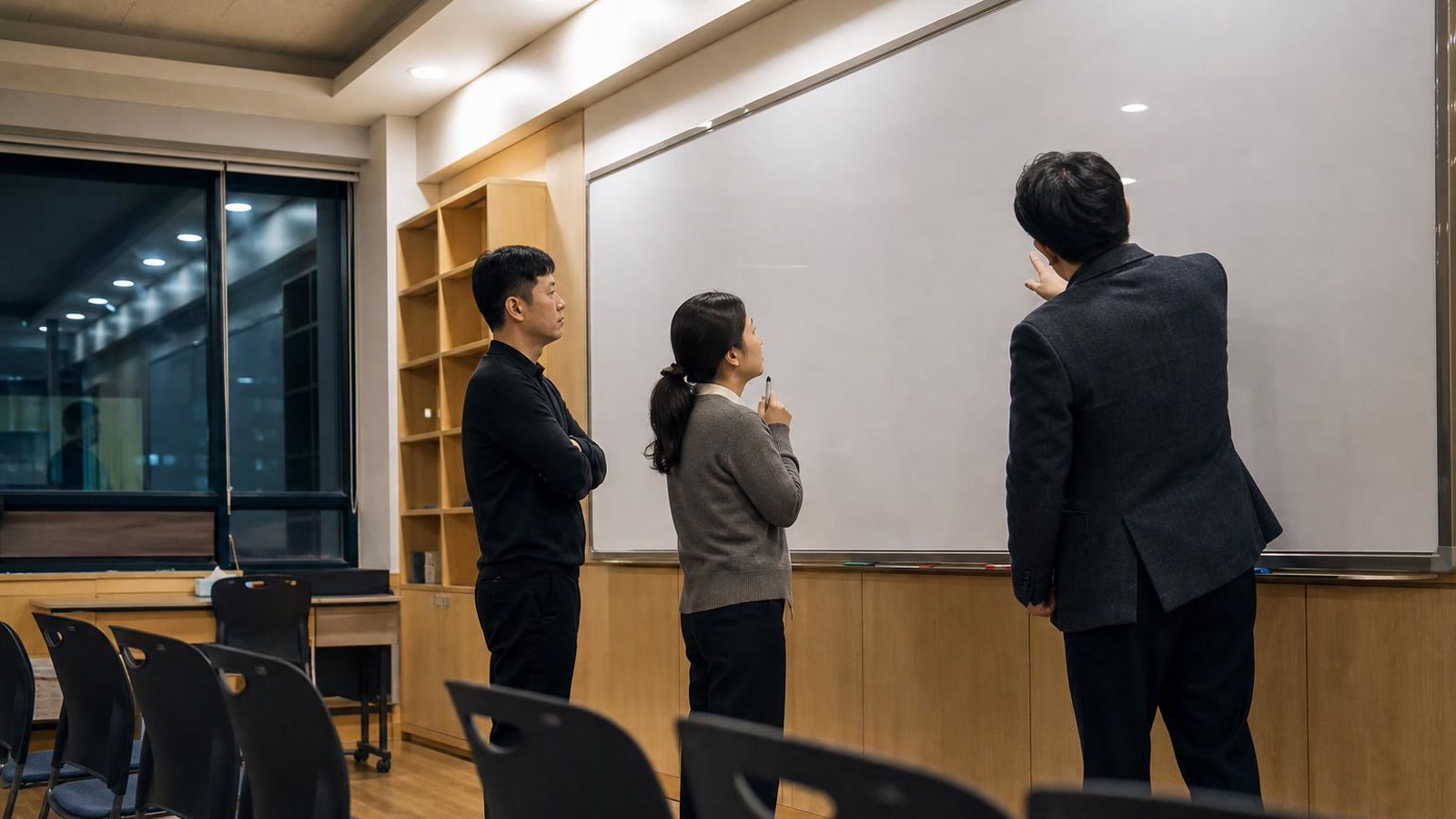 한국 학원 브리핑룸에서 상담 전 확인 사항을 나누는 현실적인 사진