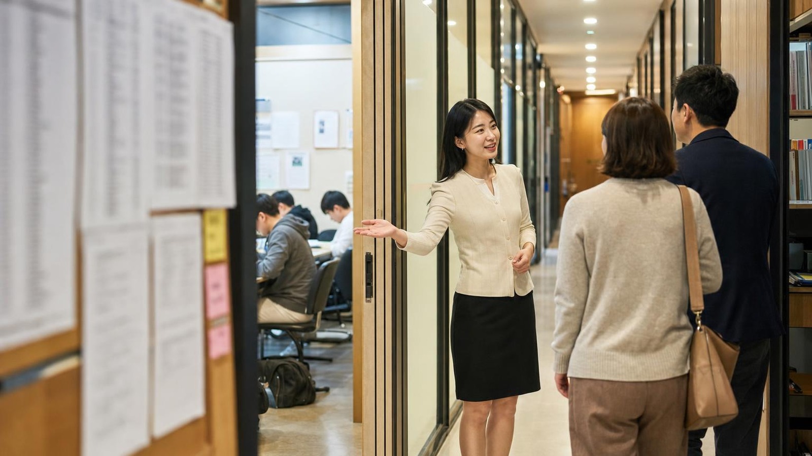 학부모 상담일 한국 학원 복도에서 데스크 직원이 보호자를 안내하는 실사진형 현장 장면