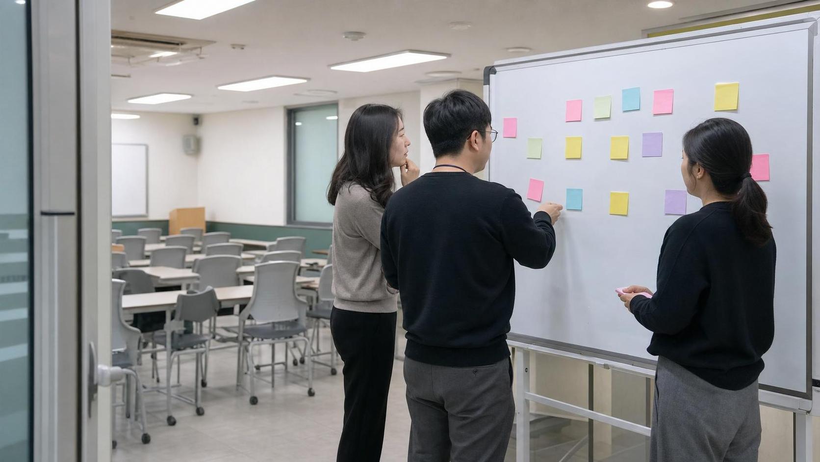한국 학원 스터디룸에서 상담 후속 회신 동선표를 논의하는 장면