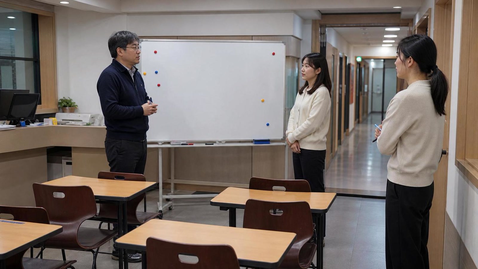 한국 학원 스터디룸에서 상담 후속 회신 인수인계를 논의하는 직원들