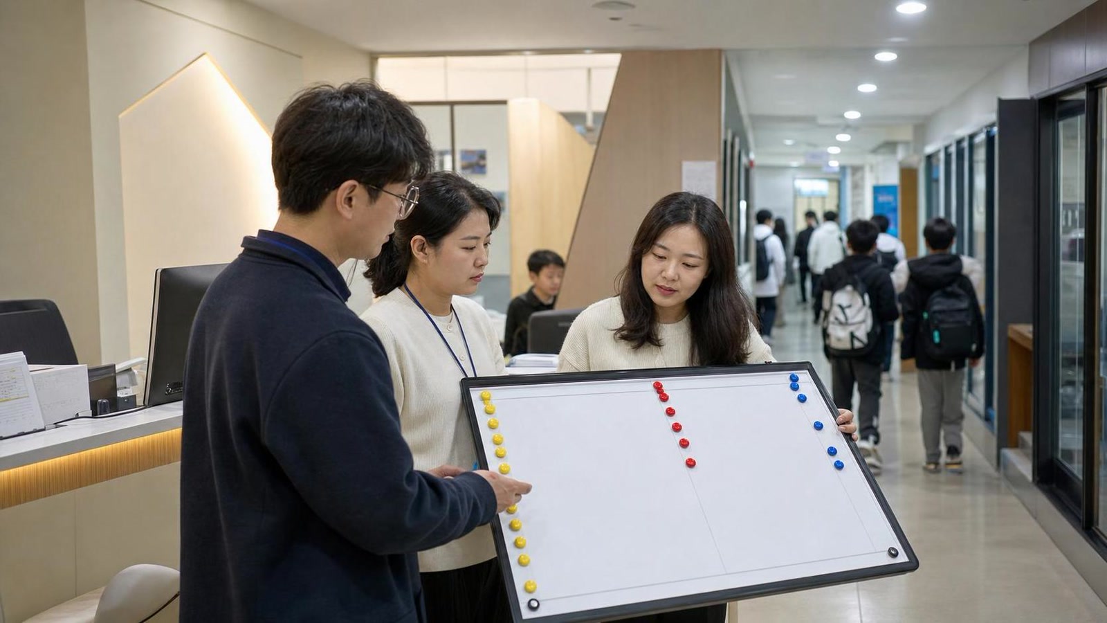 한국 학원 프런트데스크에서 상담 후속 회신 인수인계를 확인하는 직원들