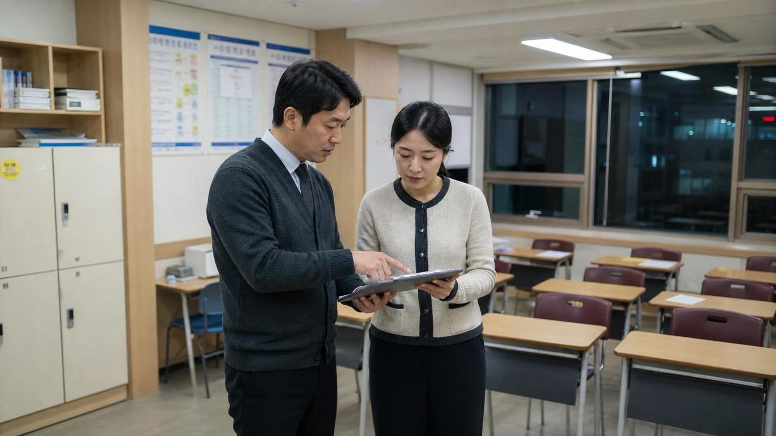 한국 학원 교실에서 강사 부재 중 상담 확인 사항을 인수인계하는 직원들