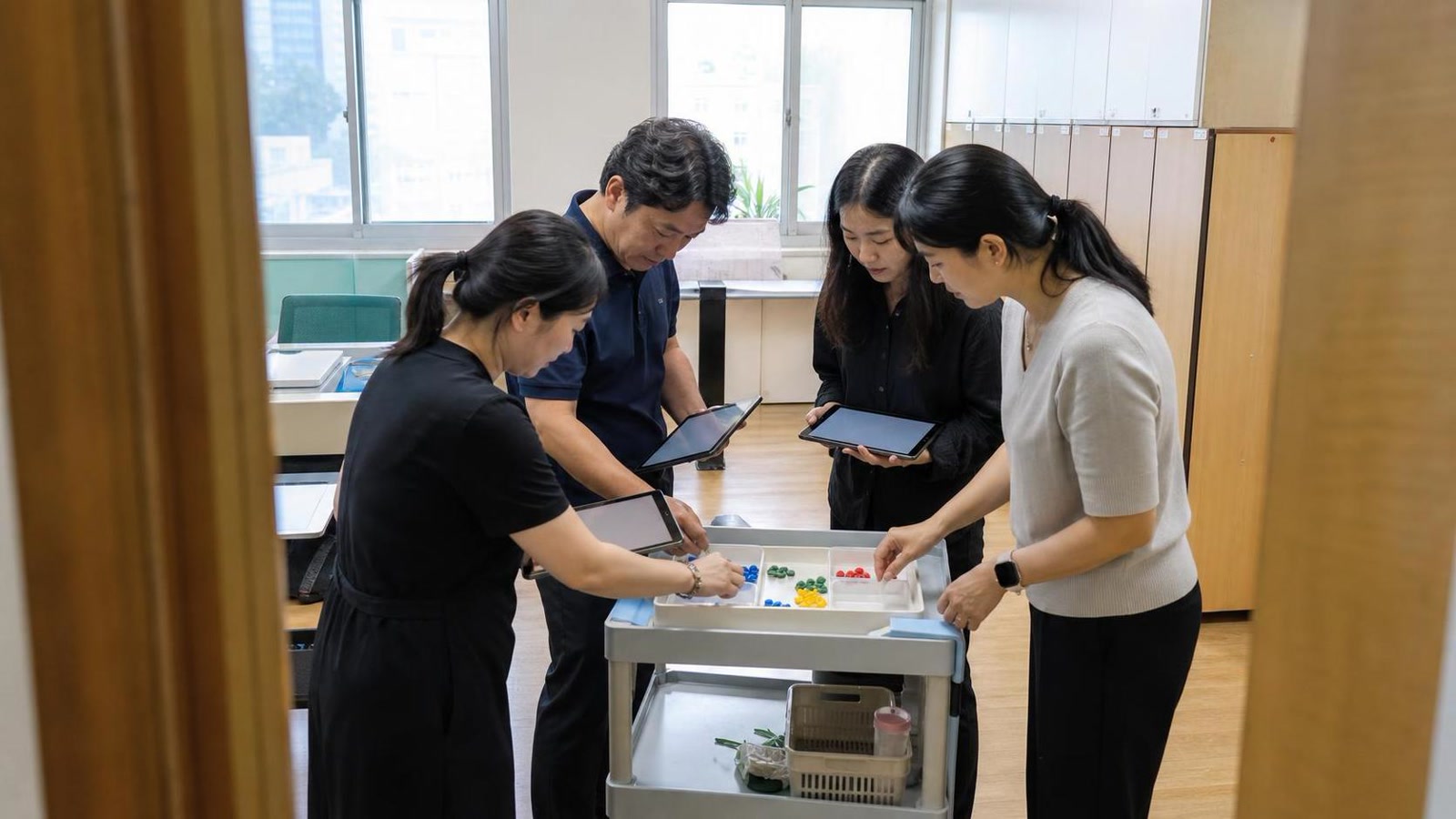 한국 학원 직원들이 상담 전 질문지와 후속 회신 기준을 점검하는 회의