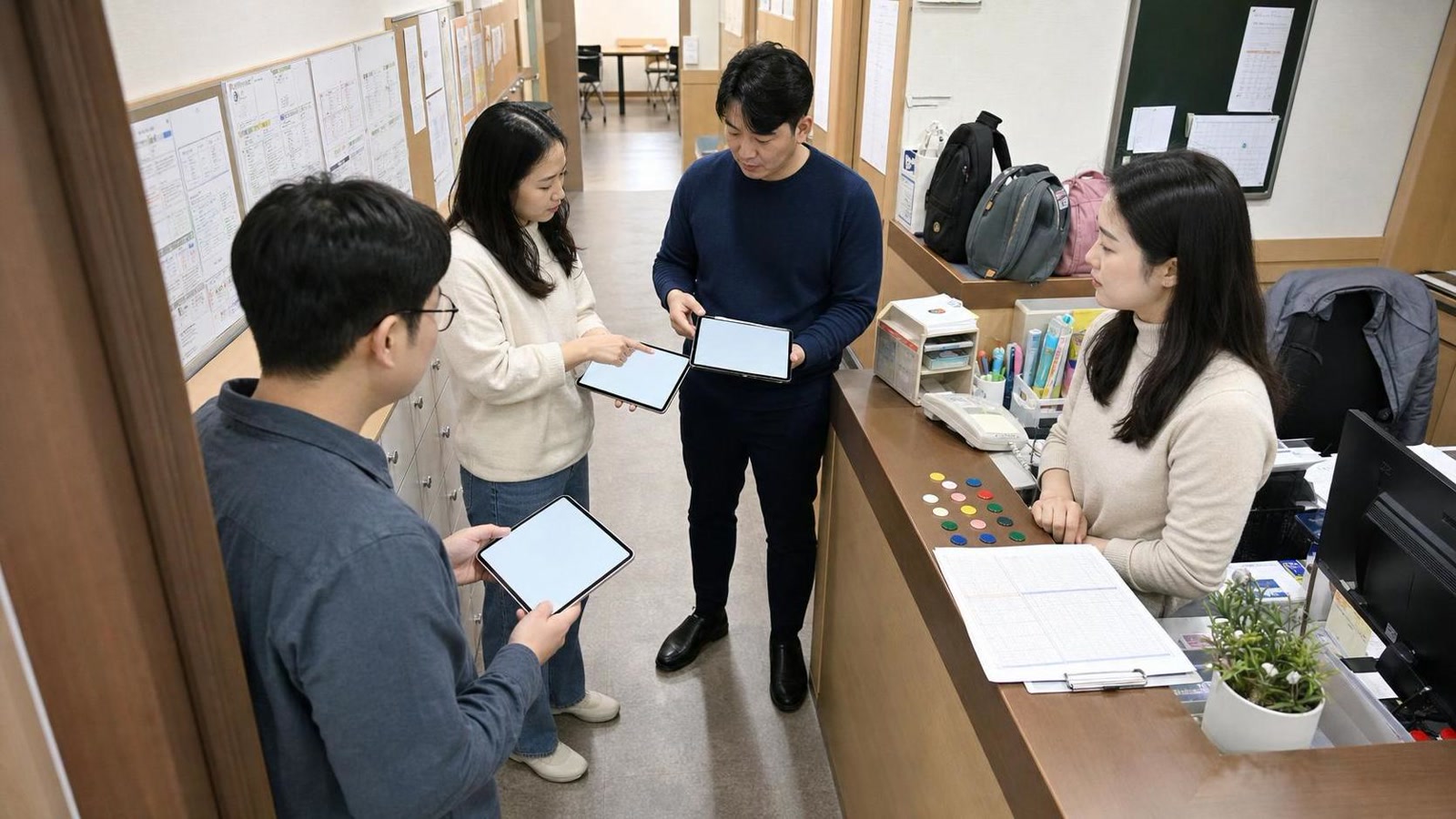 한국 학원 복도에서 상담 재예약과 회신 마감을 점검하는 교직원