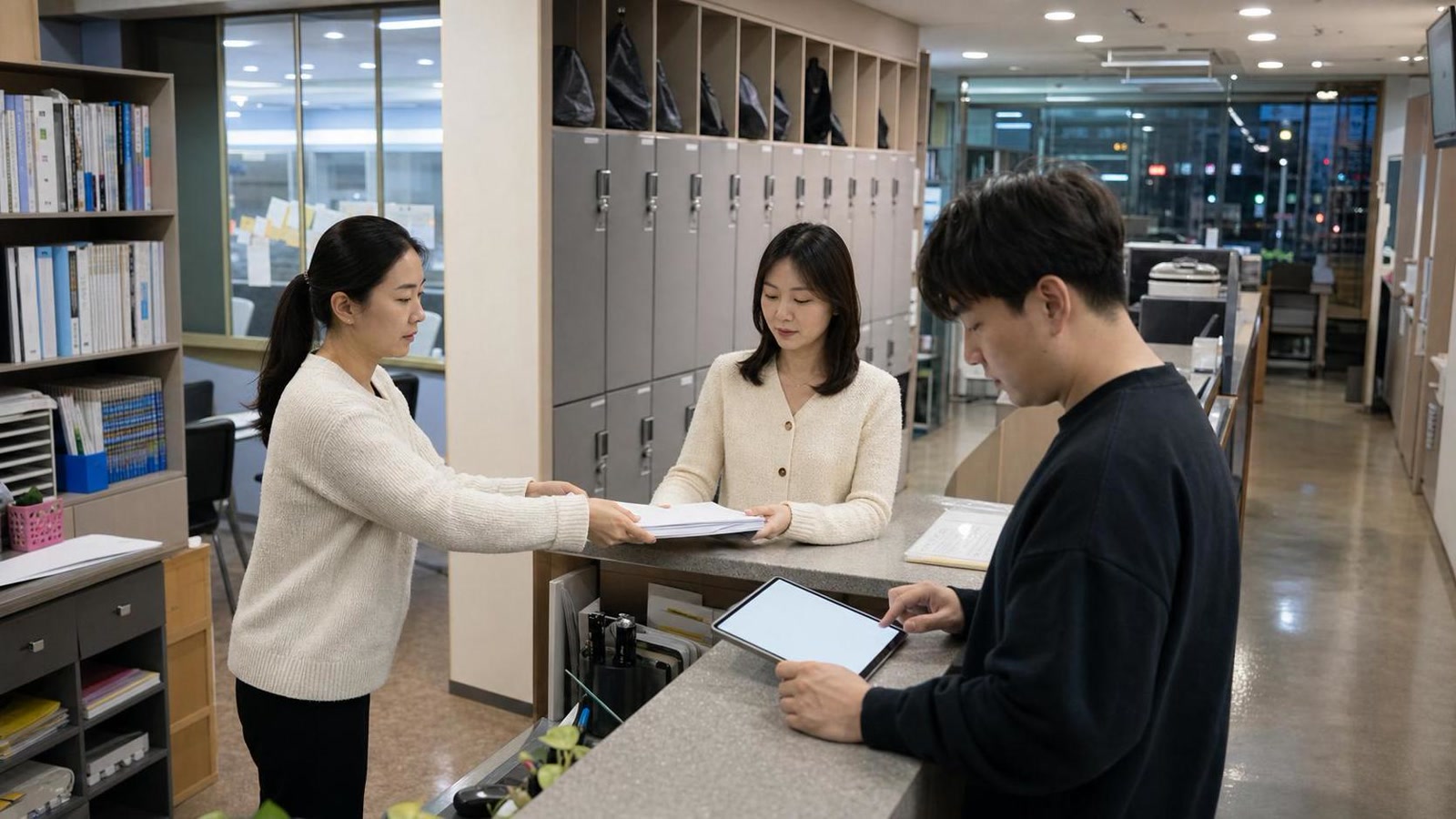 한국 학원 프런트데스크에서 상담 자료 패킷을 인수인계하는 교직원