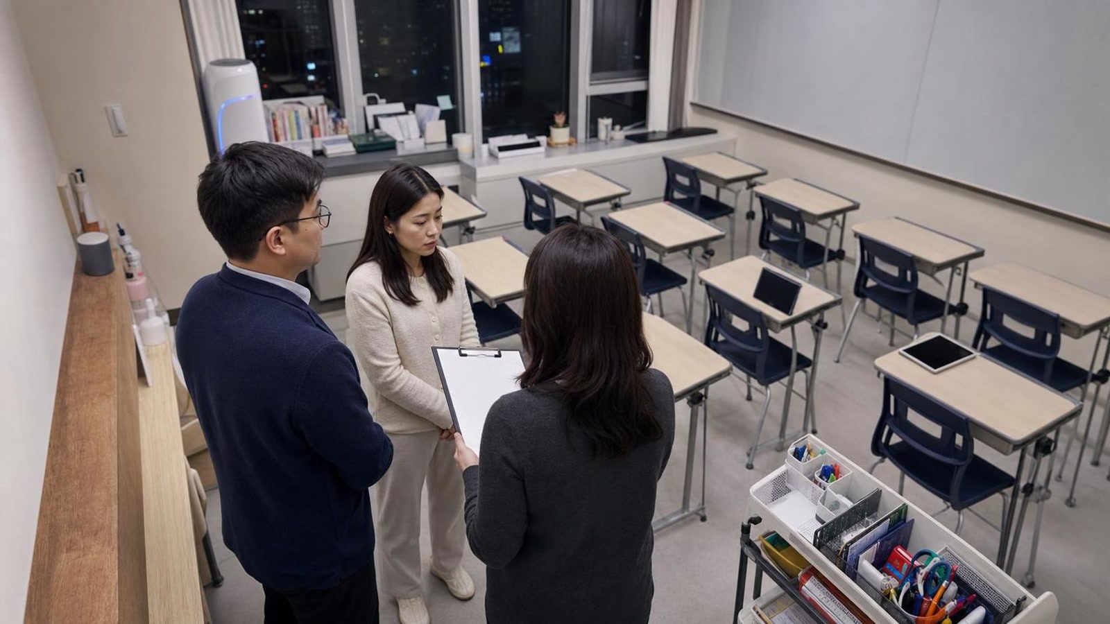 한국 학원 교실에서 상담 후속 확인 회의를 하는 교직원