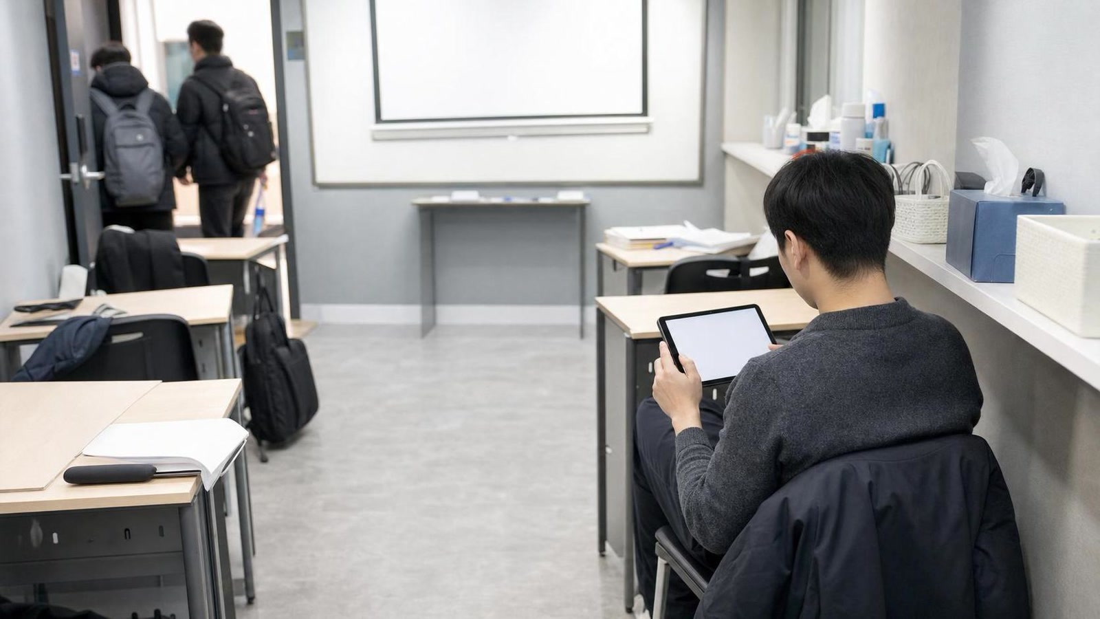 한국 학원 교실 뒤편에서 학생 관찰 로그를 확인하는 교직원