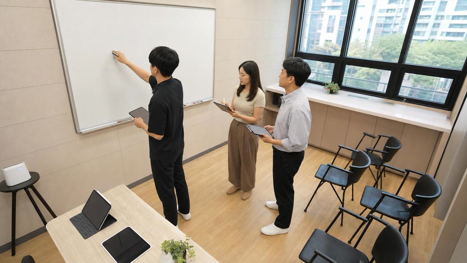 한국 학원 브리핑룸에서 상담 질문 마감을 점검하는 교직원