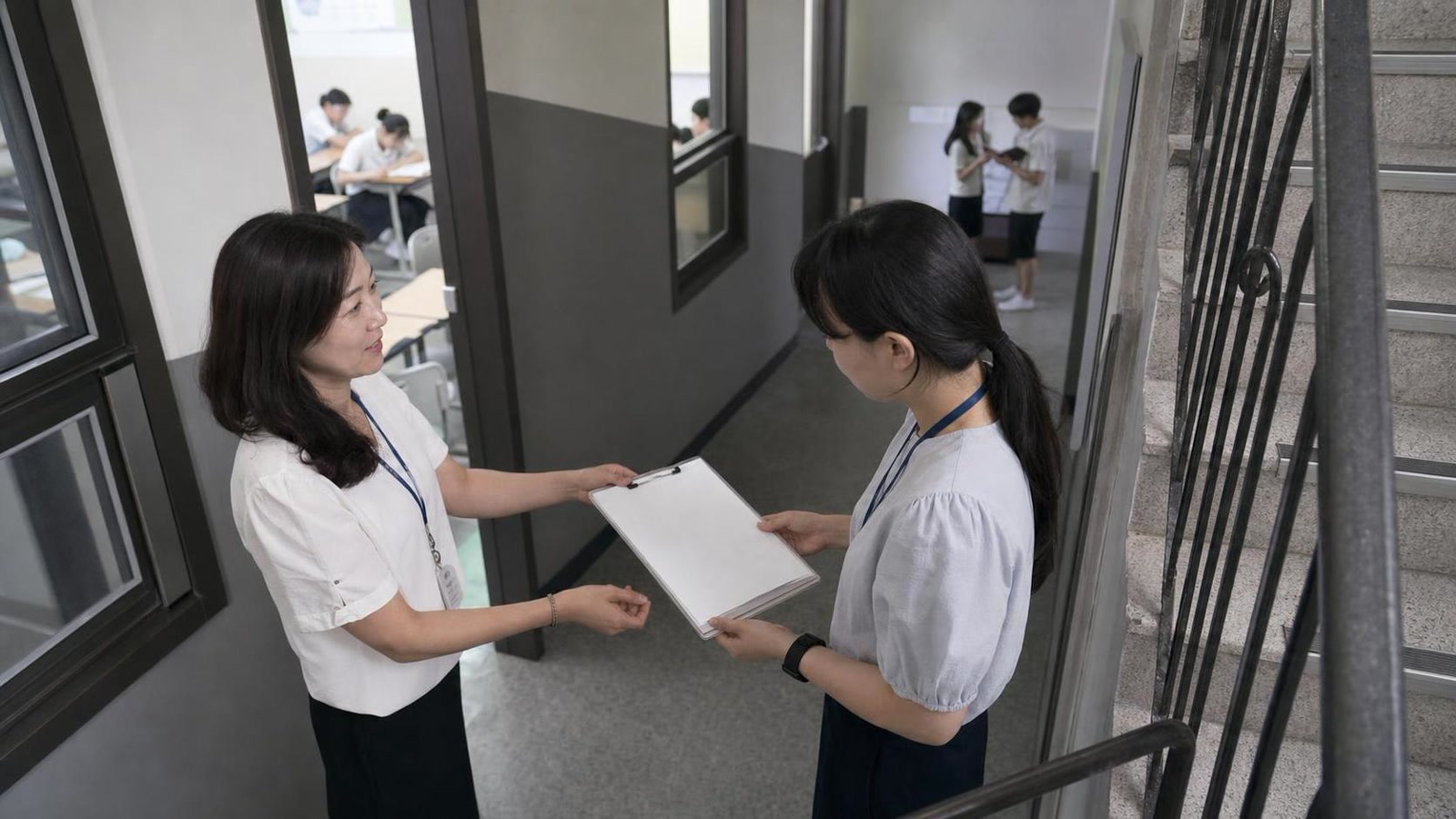 한국 학원 계단참에서 상담 후속 업무를 전달하는 교직원