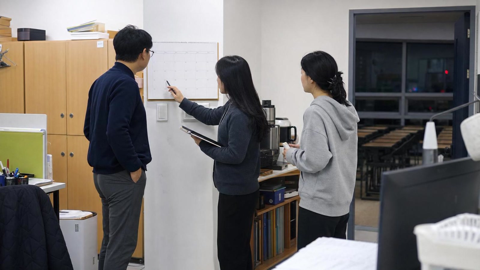 한국 학원 직원들이 상담 인계 상태를 나누어 확인하는 장면