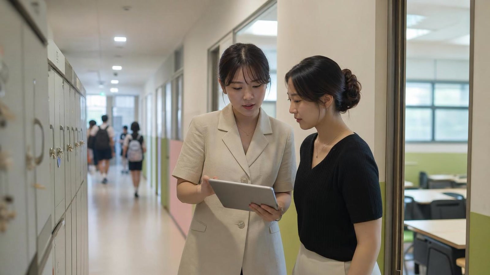 한국 학원 복도에서 상담 회신 우선순위를 인계하는 직원들