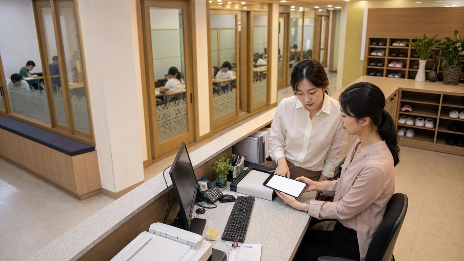 한국 학원 프런트에서 상담 회신 마감을 교대 인계하는 직원들