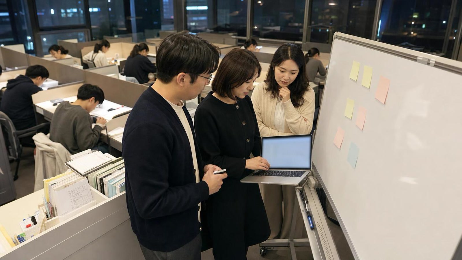 한국 학원 스터디룸에서 상담 회신 마감을 확인하는 교직원
