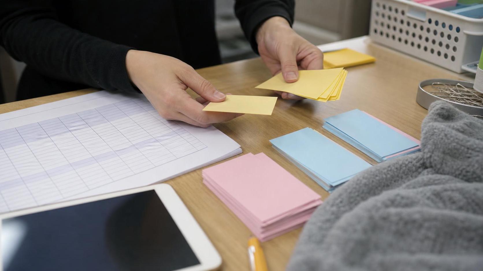 상담 기록 카드와 출결 보강 체크 항목을 정리하는 한국 학원 업무 손동작