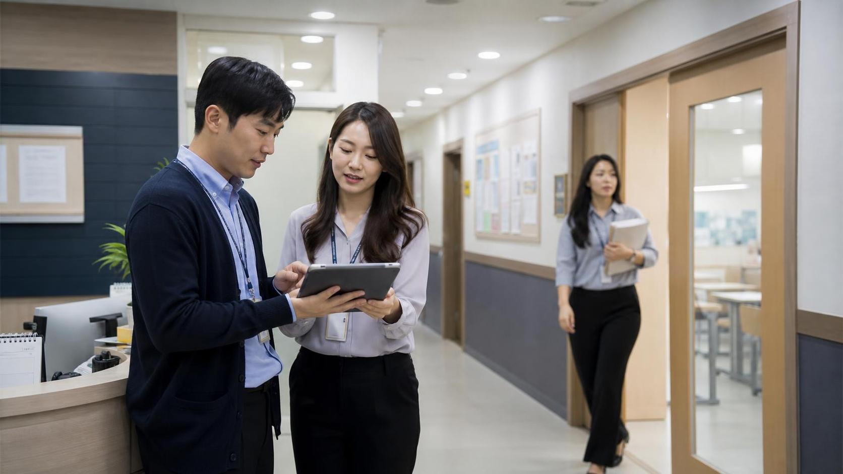 한국 학원 복도에서 상담 후속 상태를 확인하는 스태프