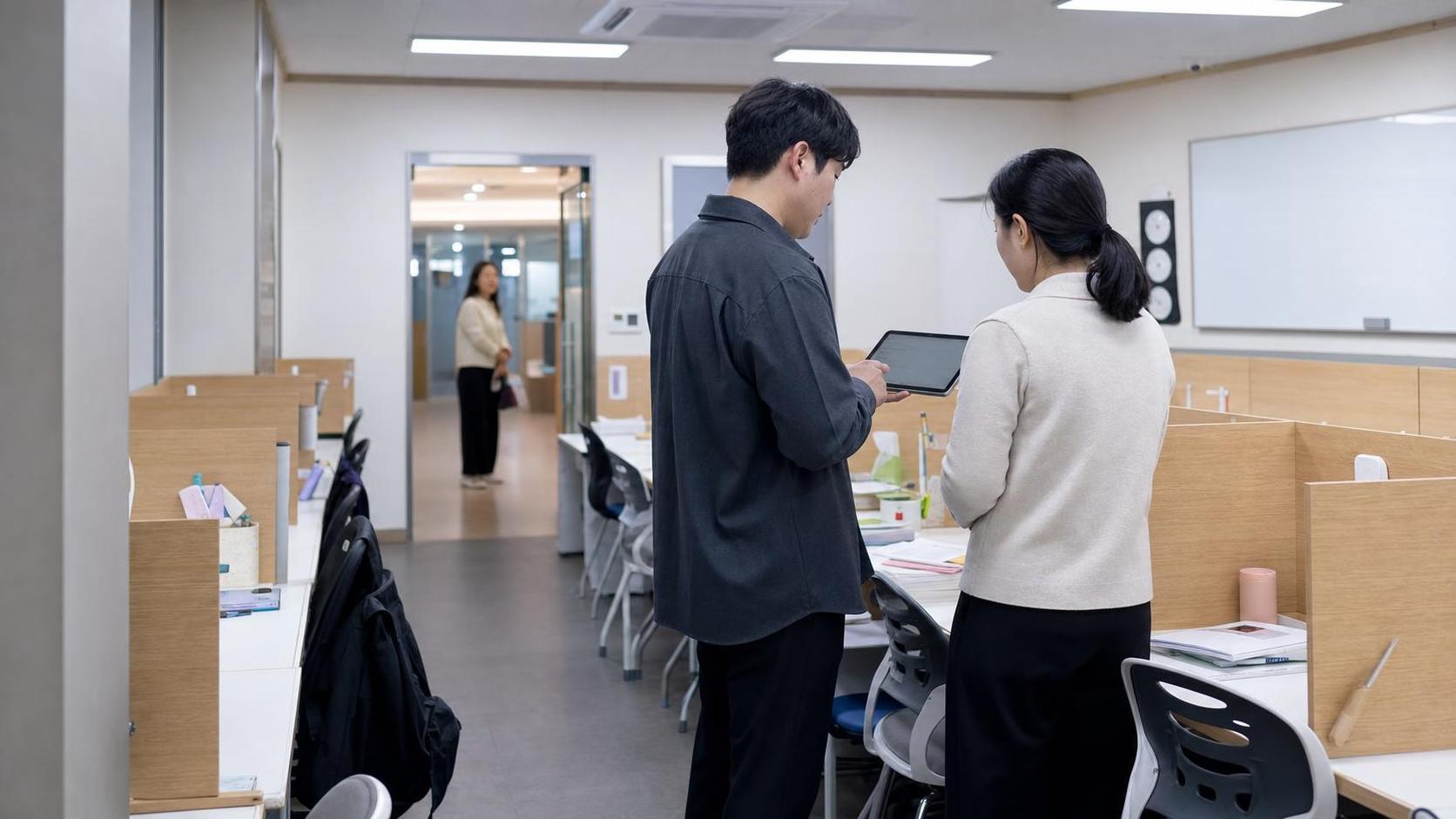 한국 학원 학습 공간에서 상담 재점검 사항을 확인하는 운영진