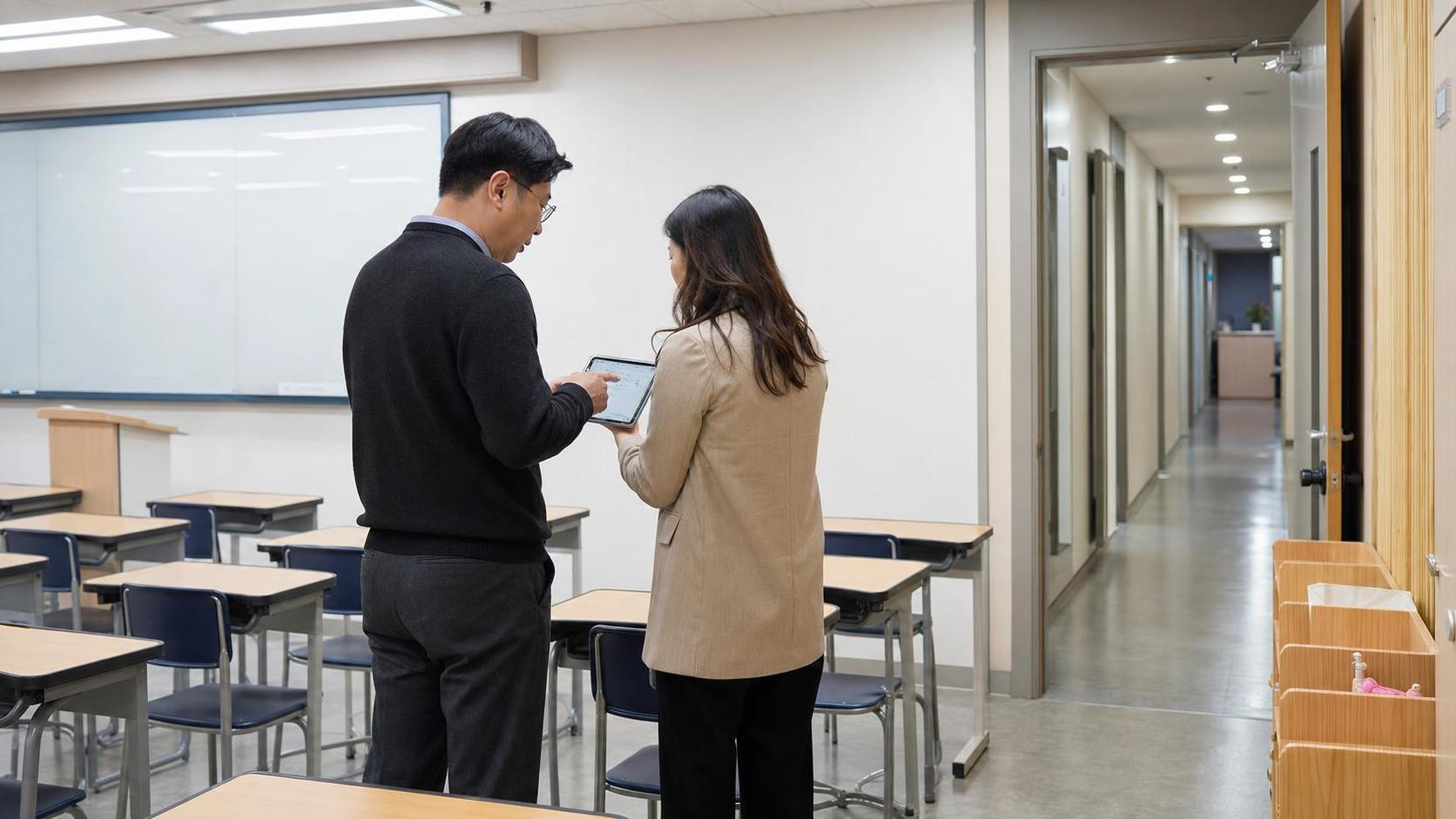 한국 학원 빈 강의실에서 다음 주 상담 재점검 항목을 확인하는 운영진