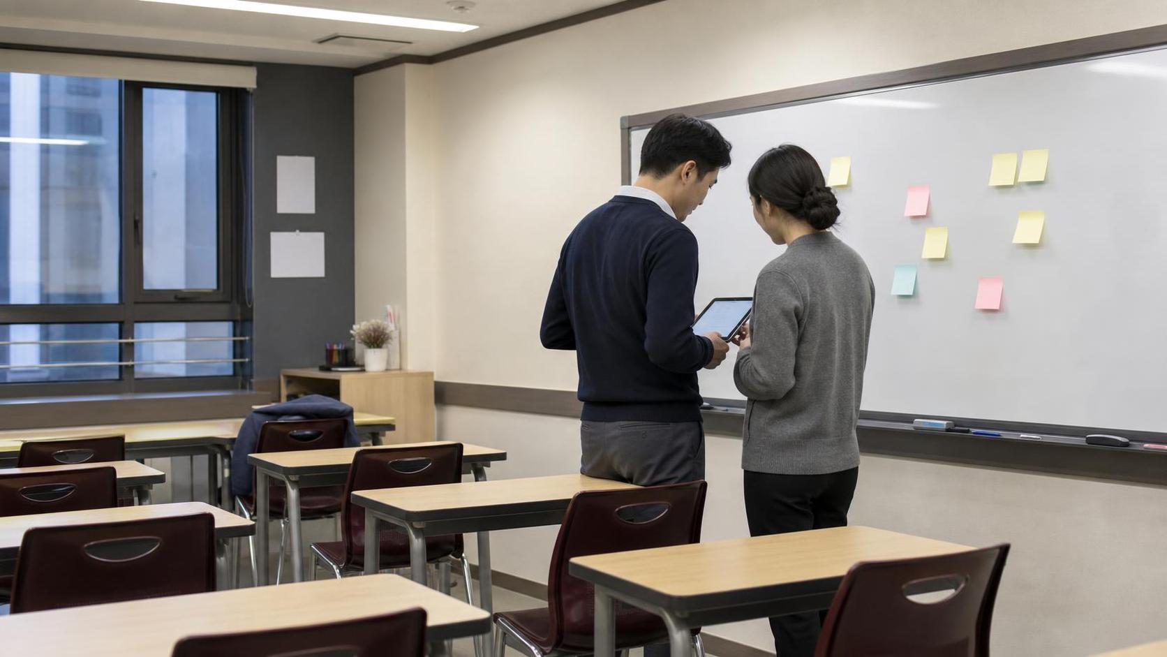 한국 학원 강의실에서 상담 후 재점검 일정을 태블릿으로 확인하는 운영진