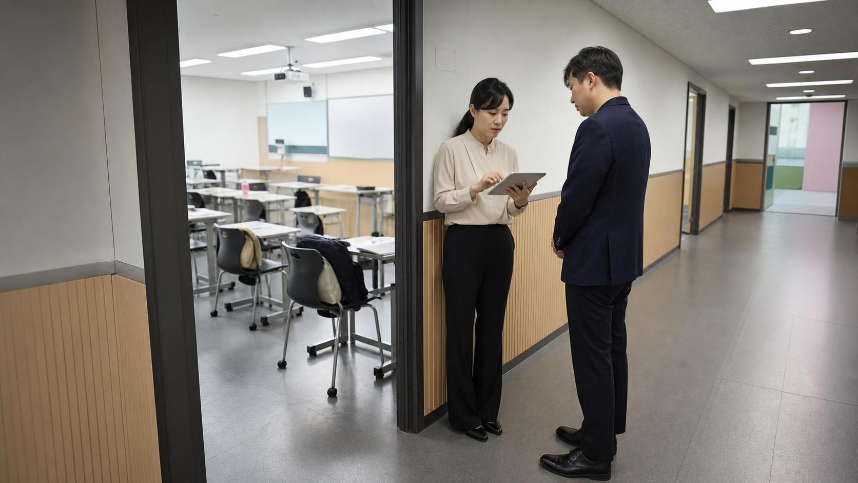 한국 학원 수업 후 교실에서 상담 후속 회신 마감을 확인하는 교사와 운영자