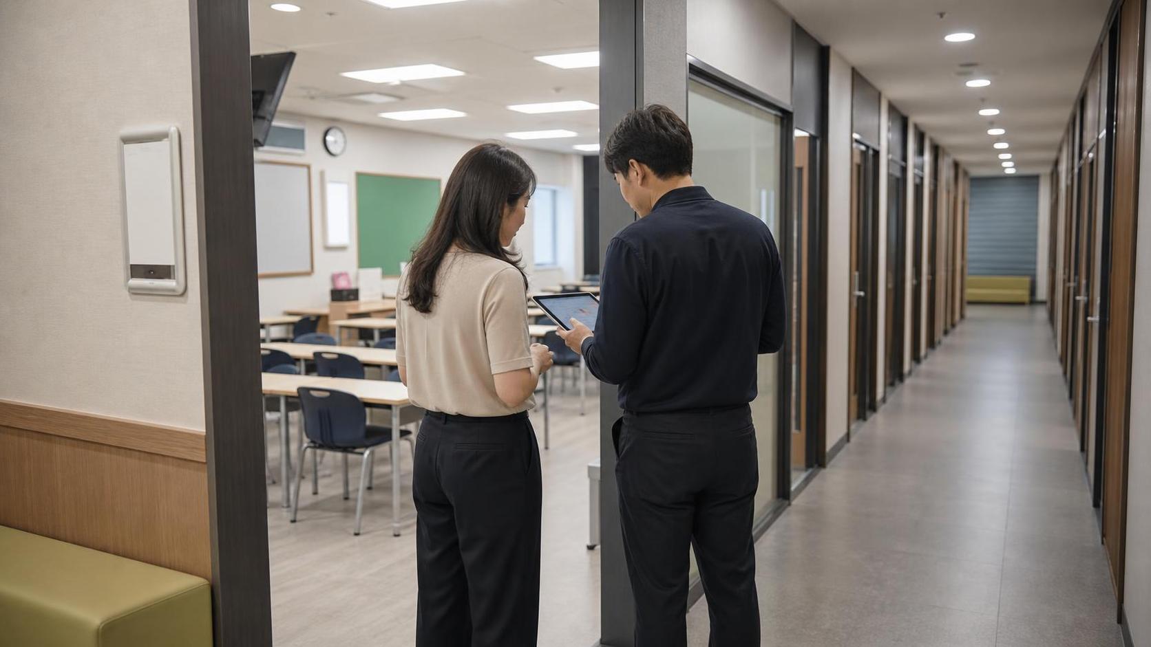 한국 학원 스터디룸 입구에서 상담 후속 업무를 확인하는 교사와 운영자