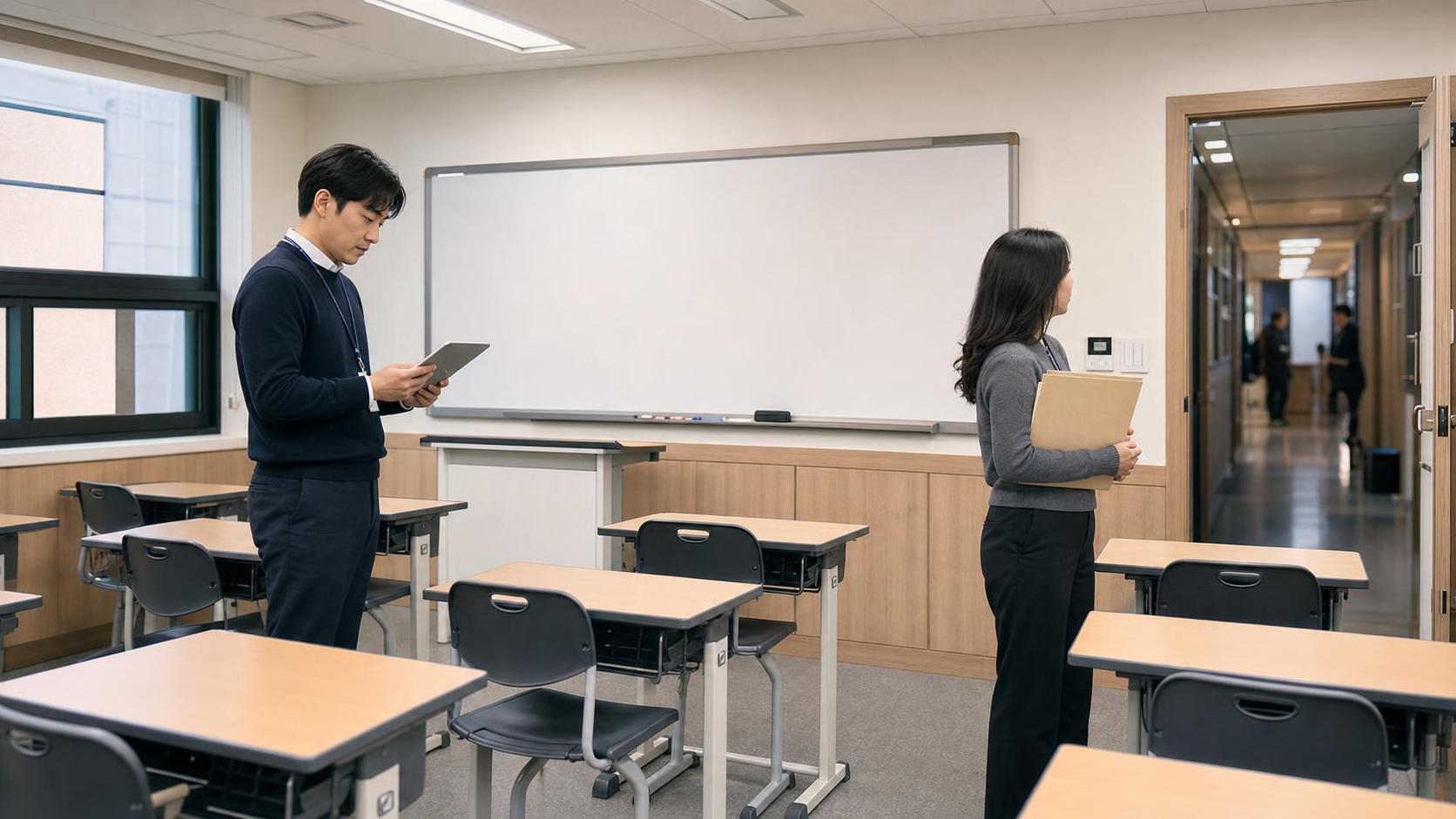 한국 학원 강의실 뒤편에서 상담 전 점검표를 확인하는 교사와 운영자