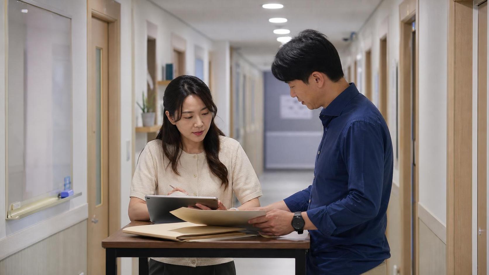 한국 학원 복도 옆 스탠딩 테이블에서 상담 기준을 확인하는 교사들