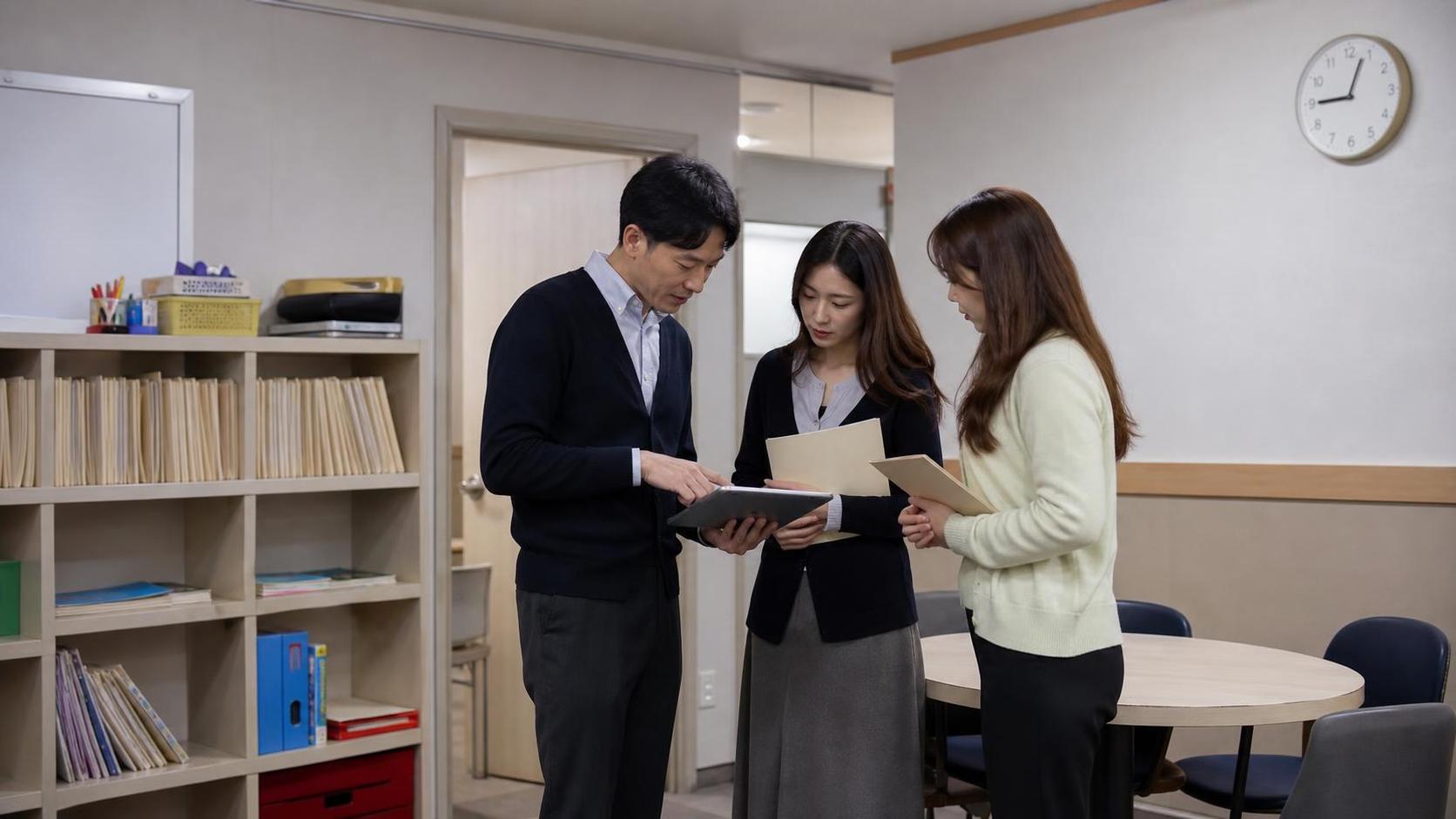한국 학원 브리핑룸에서 상담 후속 업무를 점검하는 운영팀
