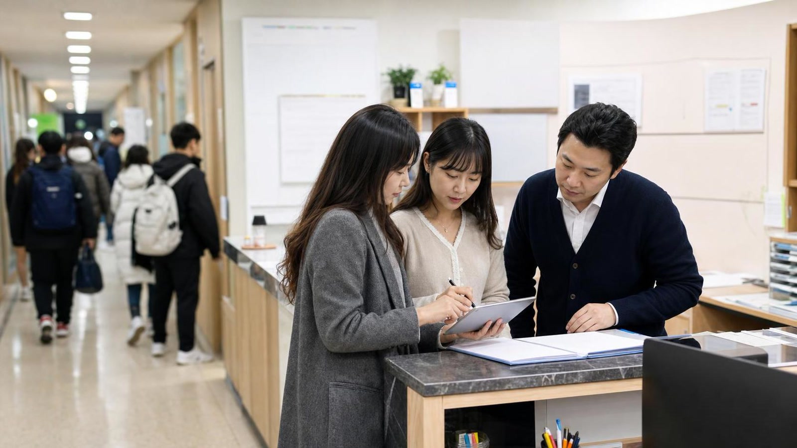 한국 학원 프런트와 복도에서 상담 후속 처리를 인수인계하는 운영팀