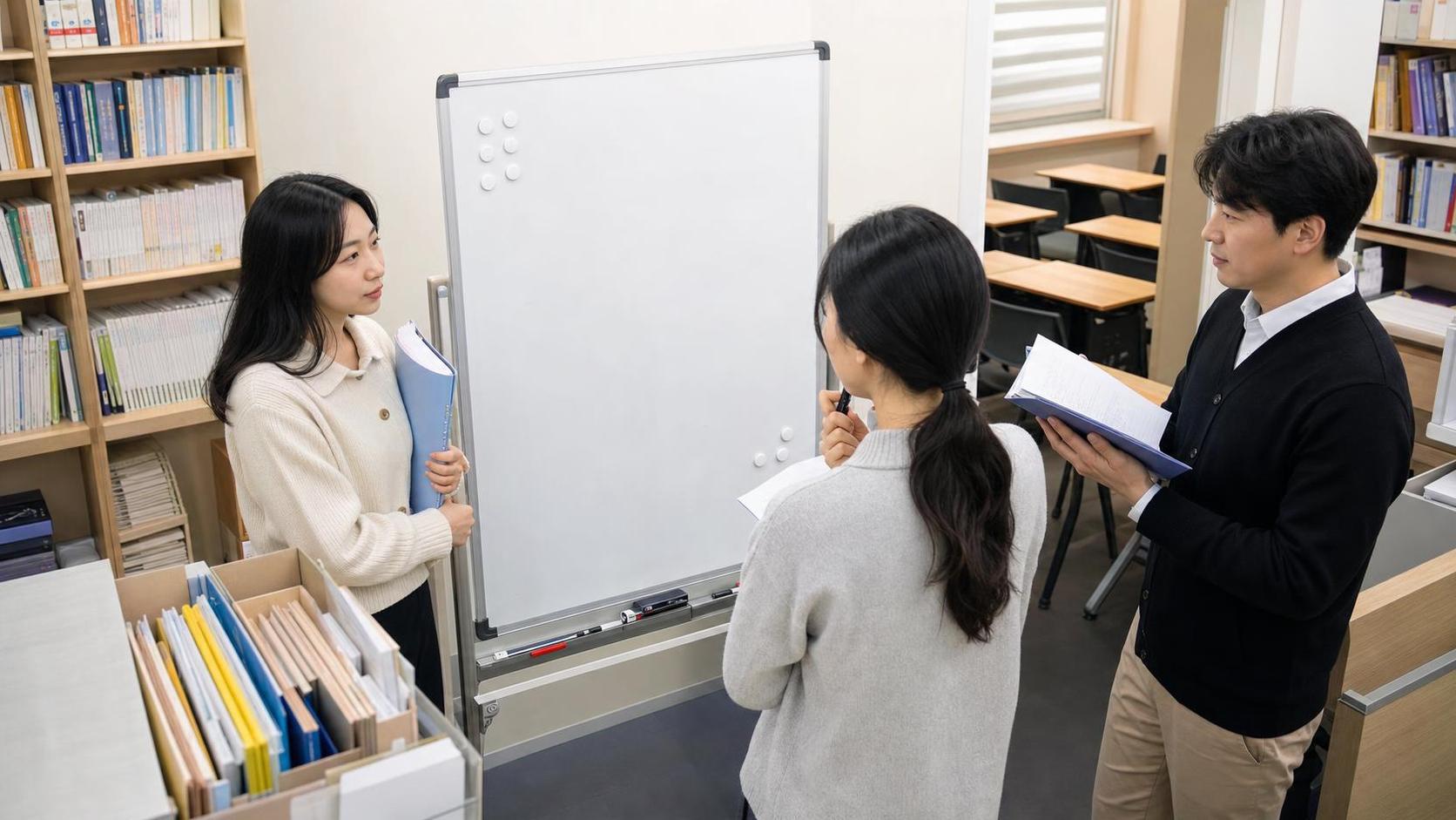한국 학원 스터디룸에서 상담 후속 회의를 하는 교직원