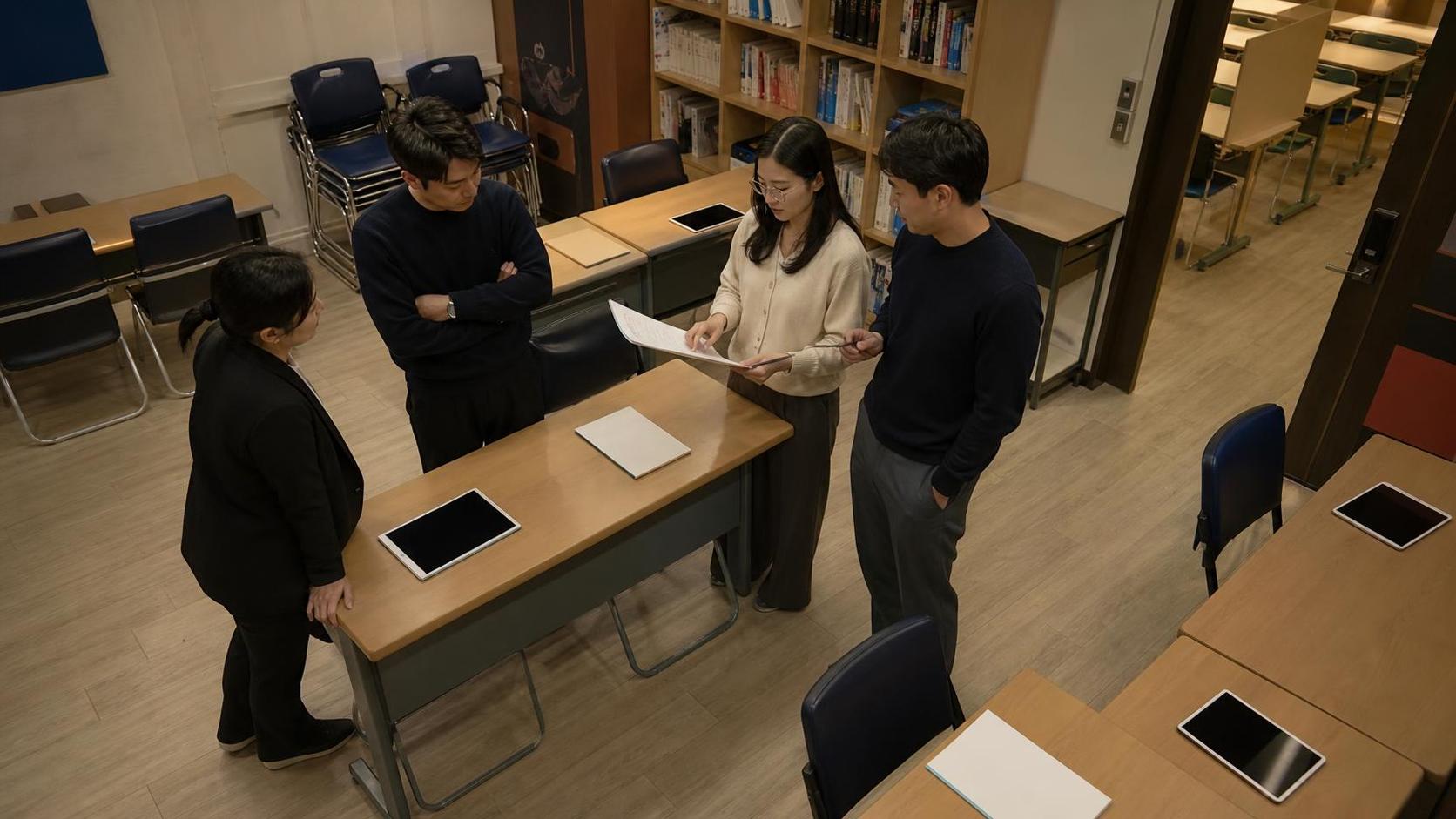 한국 학원 스터디룸에서 상담 회신 기준을 점검하는 교직원
