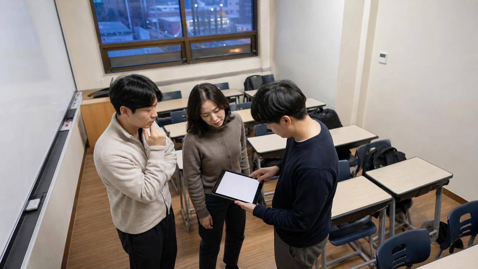 한국 학원 교실 뒤편에서 수업 후 상담 회신 대기열을 확인하는 교직원