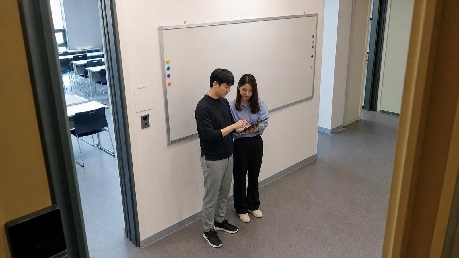 한국 학원 계획 벽 앞에서 상담 큐 마감 항목을 확인하는 직원들