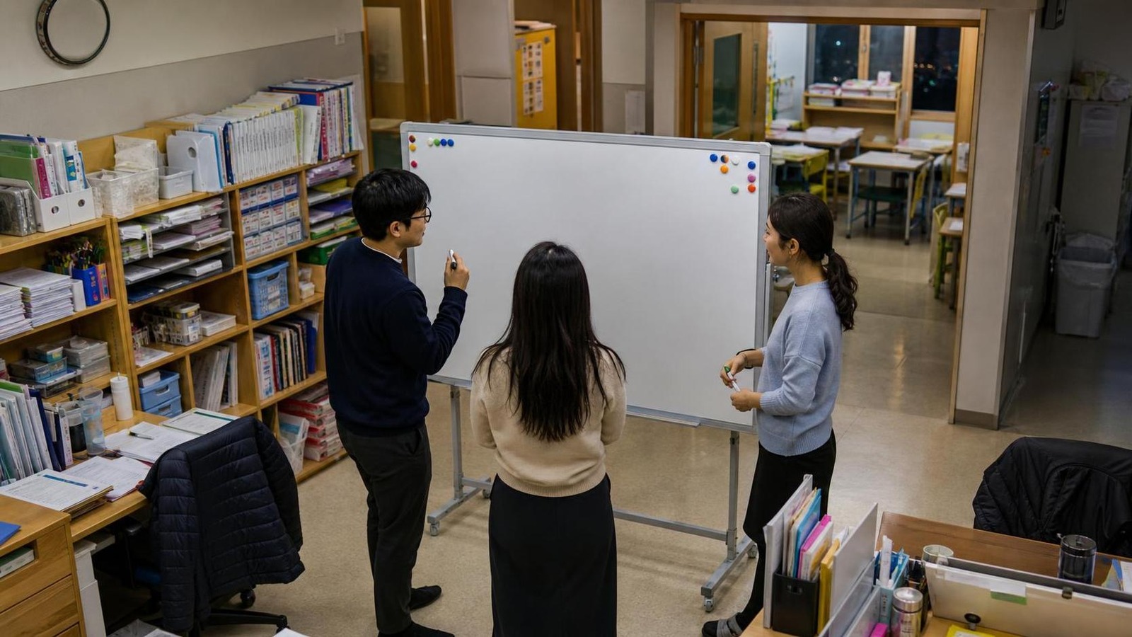 한국 학원 강사실에서 상담 후속 조치 마감을 공유하는 운영진