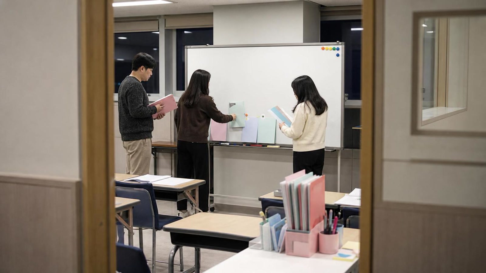 한국 학원 교실에서 상담 후속 실행을 점검하는 교직원