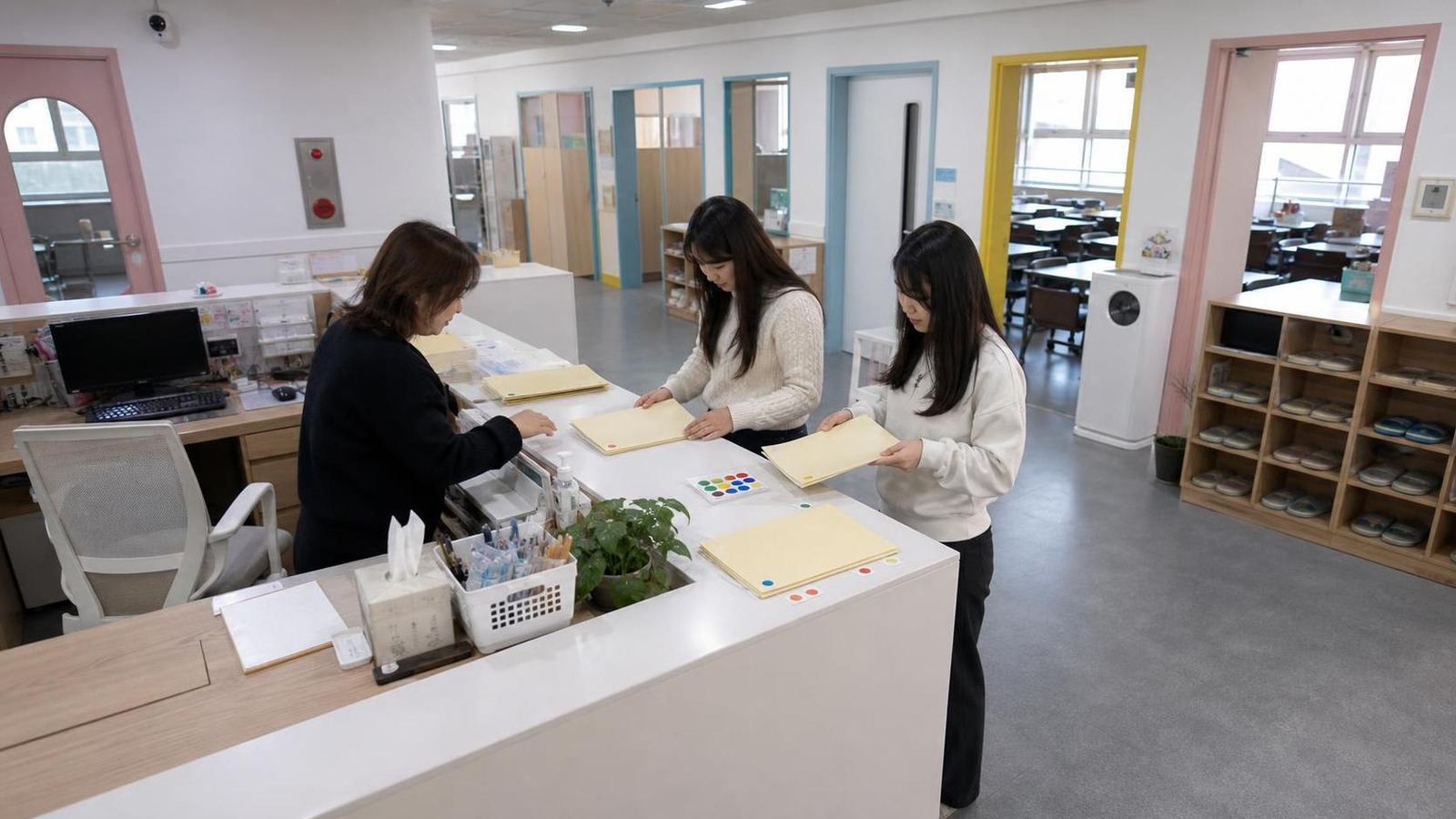 한국 학원 프런트 운영 공간에서 상담 리포트 상태를 점검하는 장면