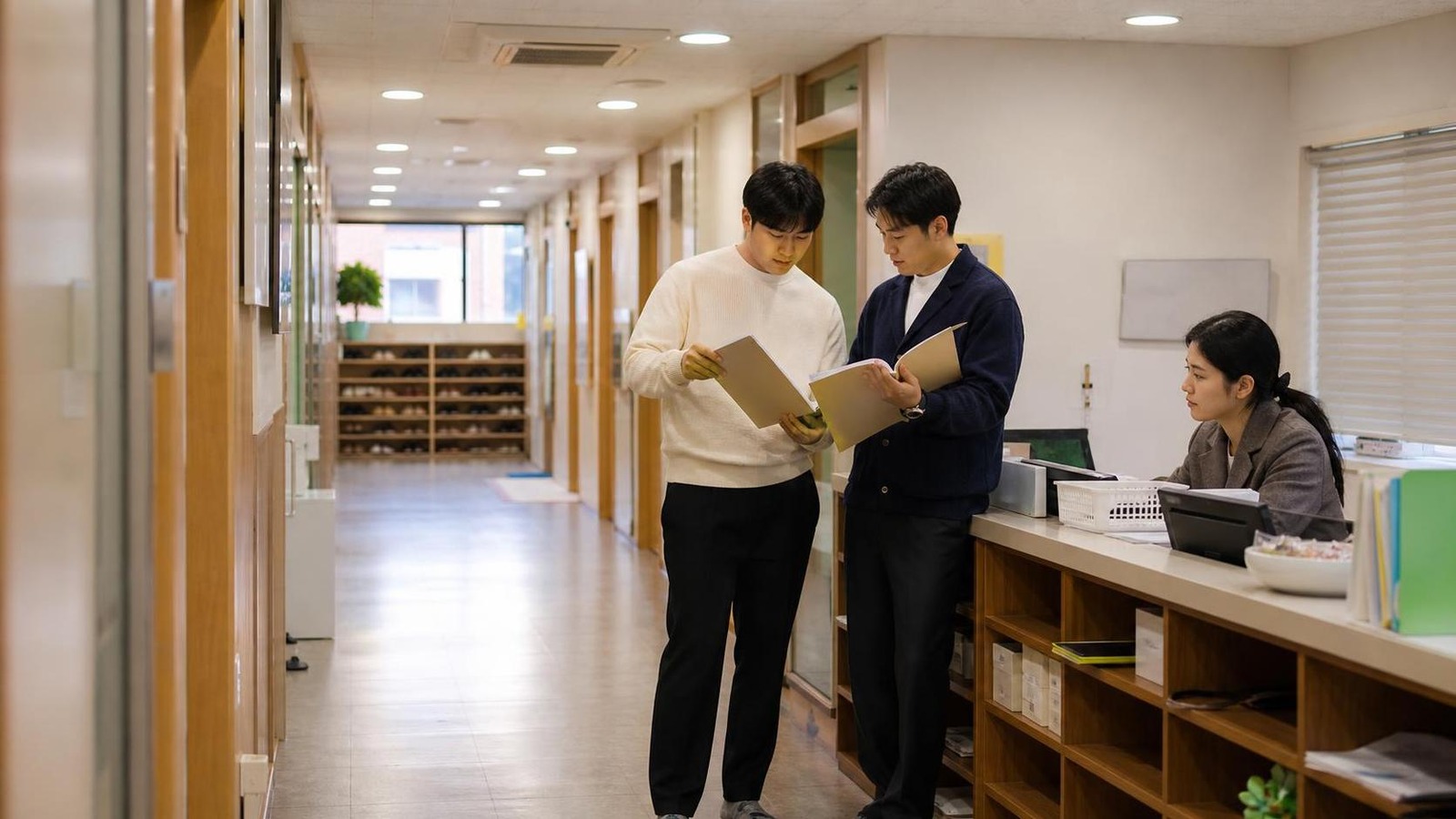 한국 학원 복도형 접수 공간에서 상담 질문 상태를 점검하는 운영 장면