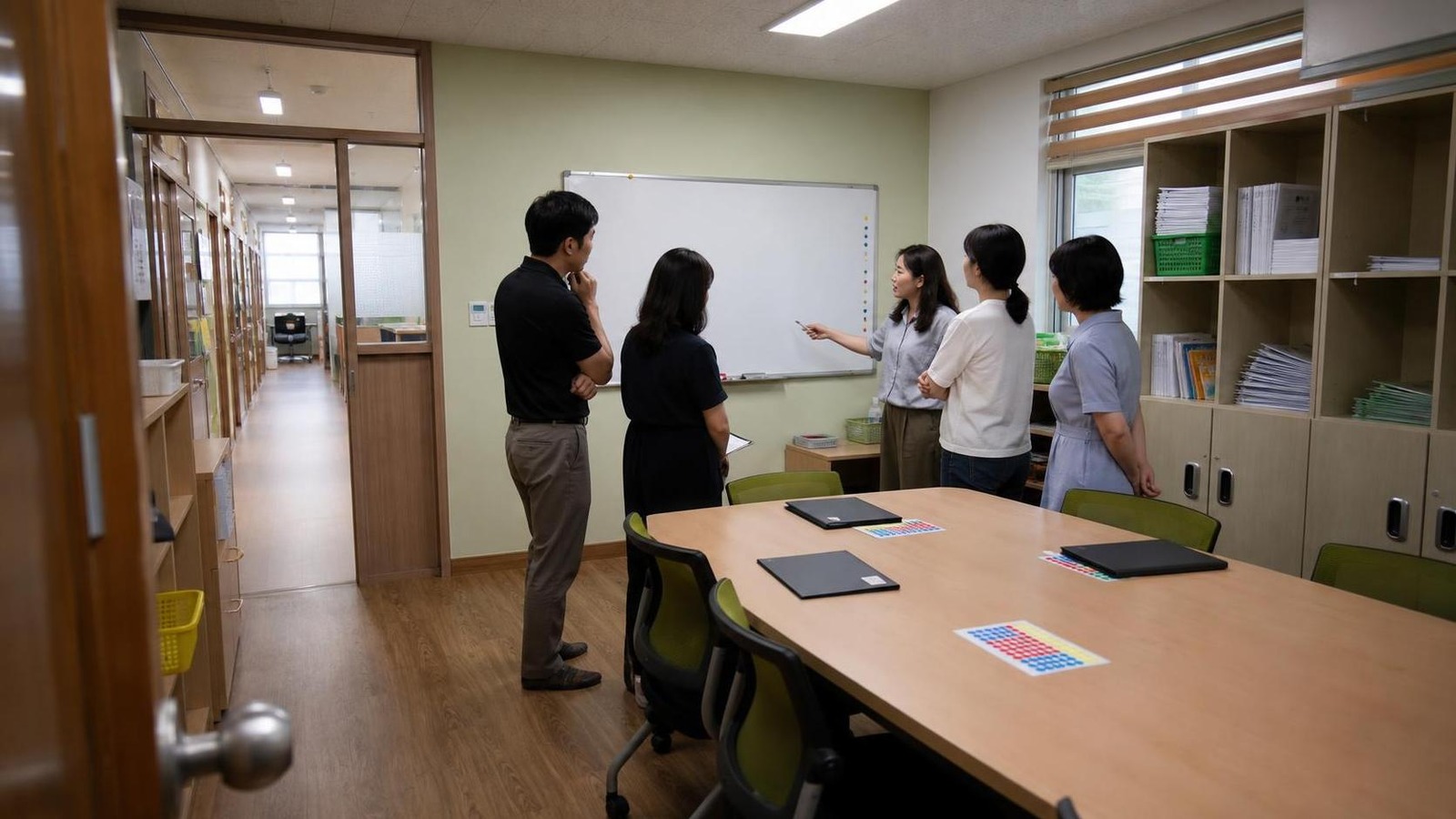 한국 학원 회의 공간에서 상담 우선순위표를 검토하는 운영팀