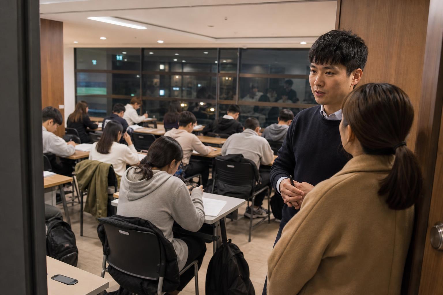 학부모 상담 변경 보드를 함께 확인하는 학원 운영 장면