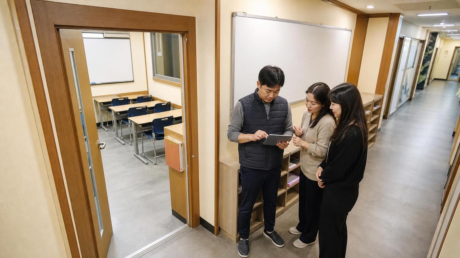 한국 학원 교실 앞에서 상담 요청 회신 상태를 확인하는 직원들
