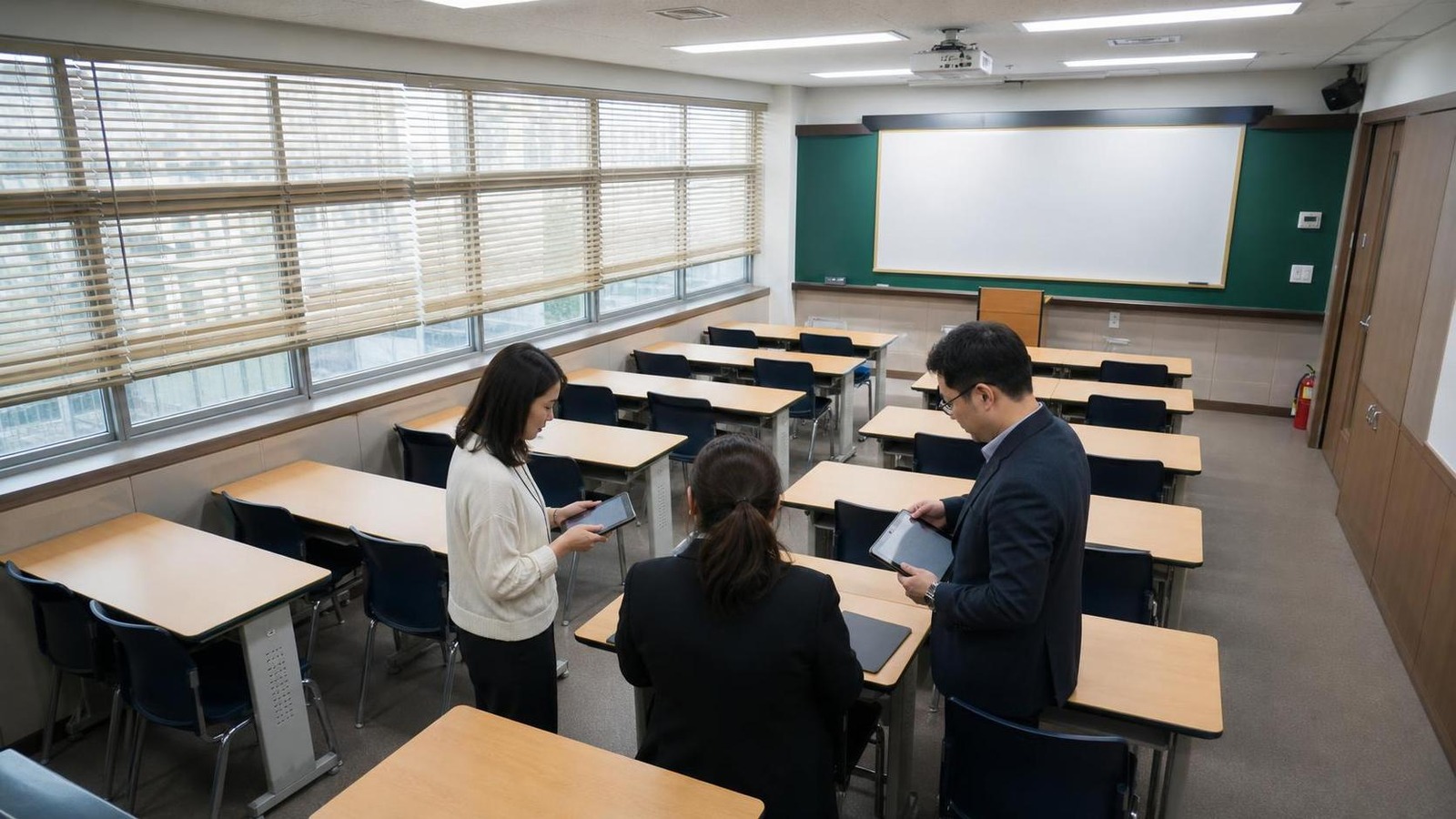 한국 학원 빈 교실에서 학부모 상담 전 자료를 점검하는 교직원들