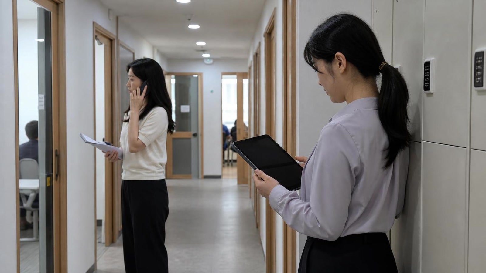 한국 학원 복도에서 학부모 상담 후속 전화를 진행하는 운영진