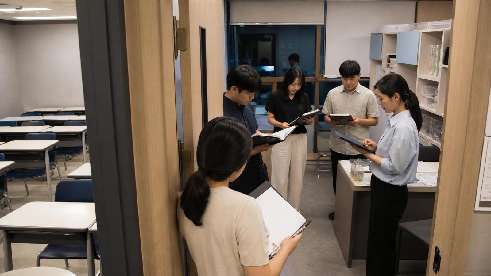 한국 학원 교실 문 앞에서 상담 후속 회신 상태를 함께 점검하는 운영진