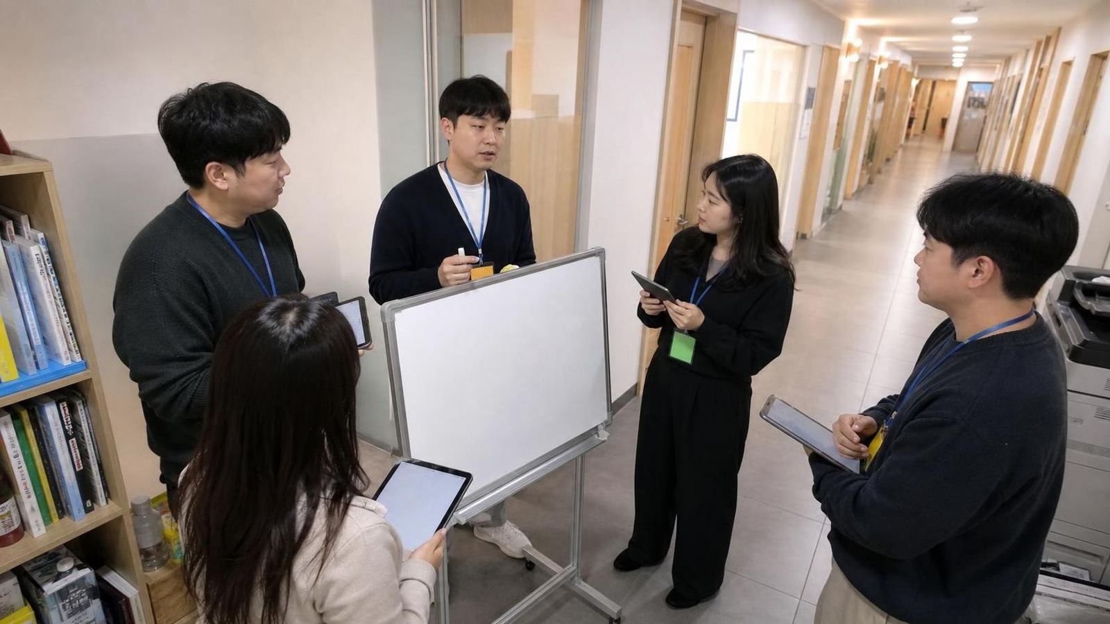 한국 학원 복도 끝 운영 회의 공간에서 열린 상담 태그를 확인하는 직원들
