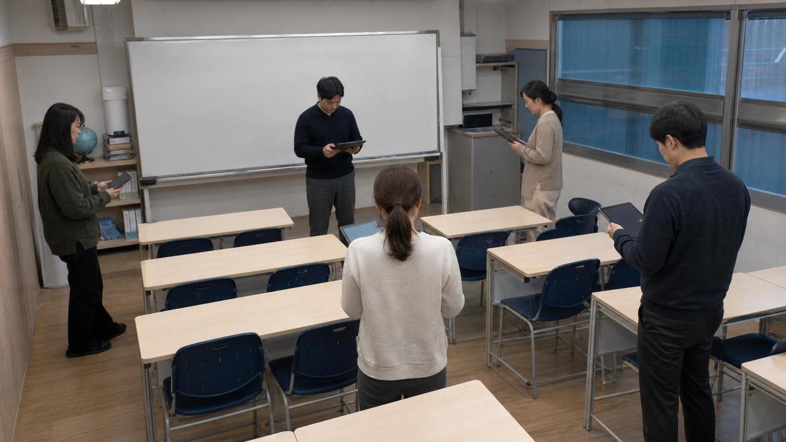 한국 학원 교실 뒤편에서 상담 회신 품질을 함께 점검하는 운영진