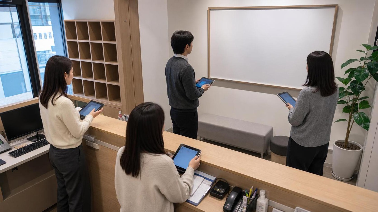 한국 학원 프런트 운영 공간에서 신규 원생 적응 상태를 점검하는 직원들