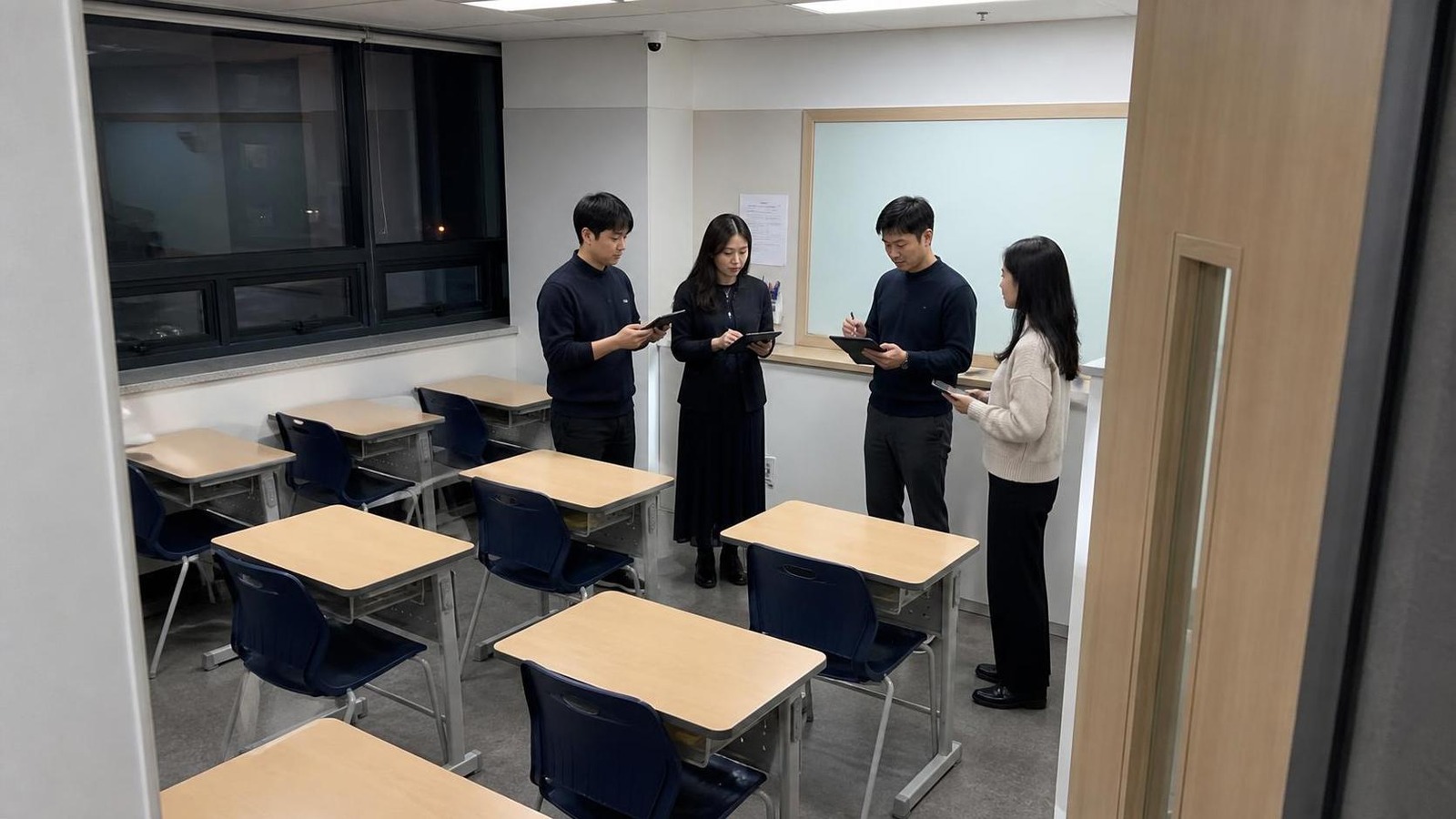 한국 학원 강의실 출입구 근처에서 상담 후속 조치를 확인하는 직원들